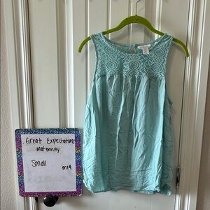 Great Expectations Aqua Crochet Yoke Sleeveless Top